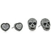 Betsey Johnson CZ Pave Heart & Skull Duo Set of Stud Earrings C80