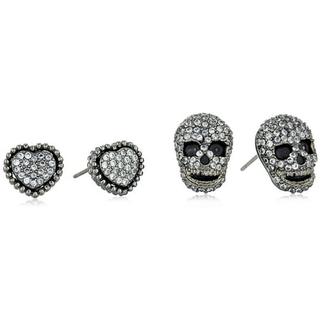Betsey Johnson CZ Pave Heart & Skull Duo Set of Stud Earrings C80