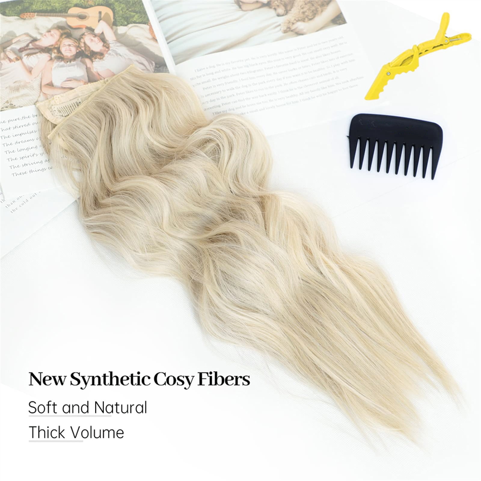 Synthetic 22Inch Long Wavy Invisible Wire Hair Extensions 4 Clips In Hairpiece Light Brown mix Platinum Blonde for Women Daily Party Use