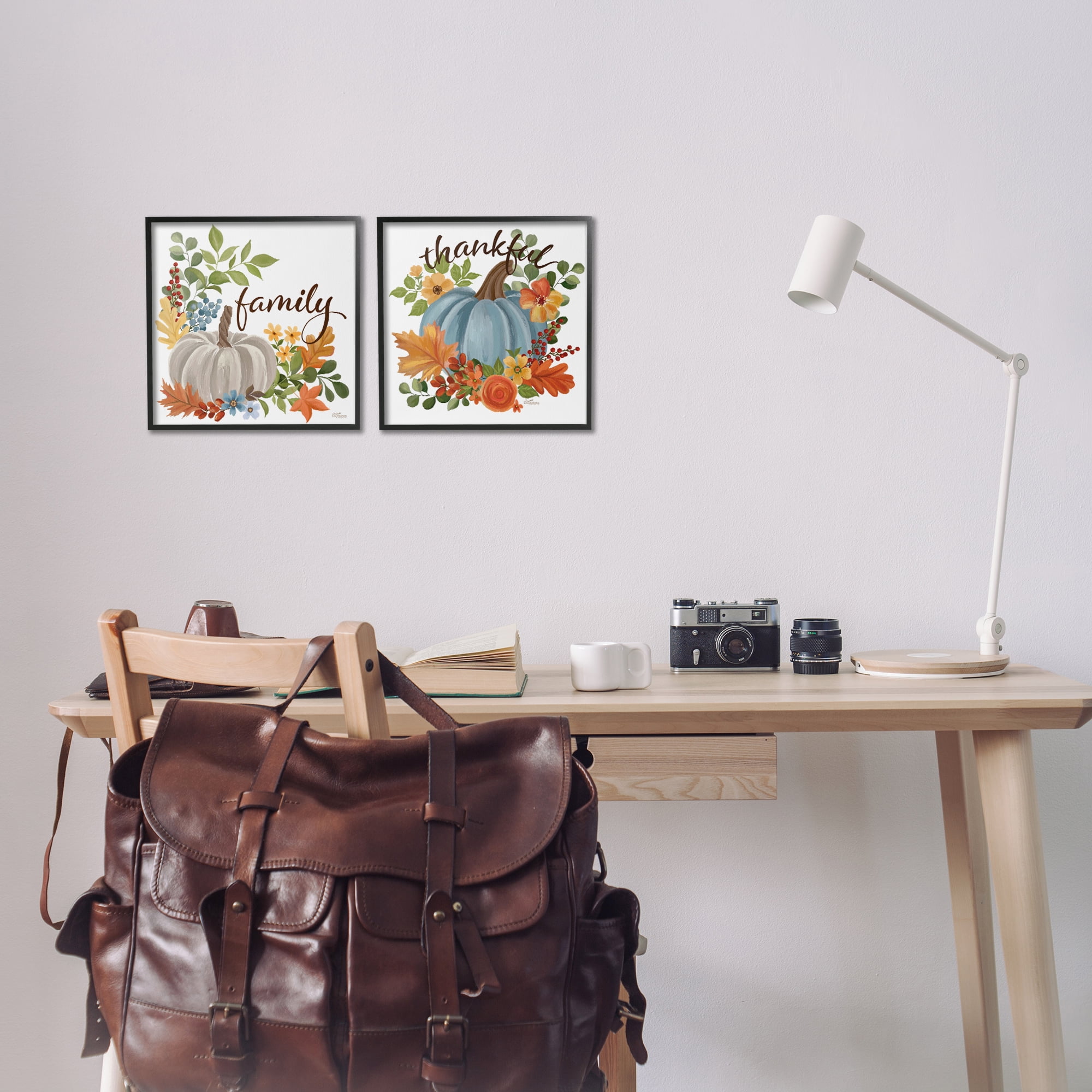 Stupell Industries Family Thankful Fall Pumkin Botanical & Floral Painting Black Framed Art Prints Wall Art, 12 x 12, Set of 2