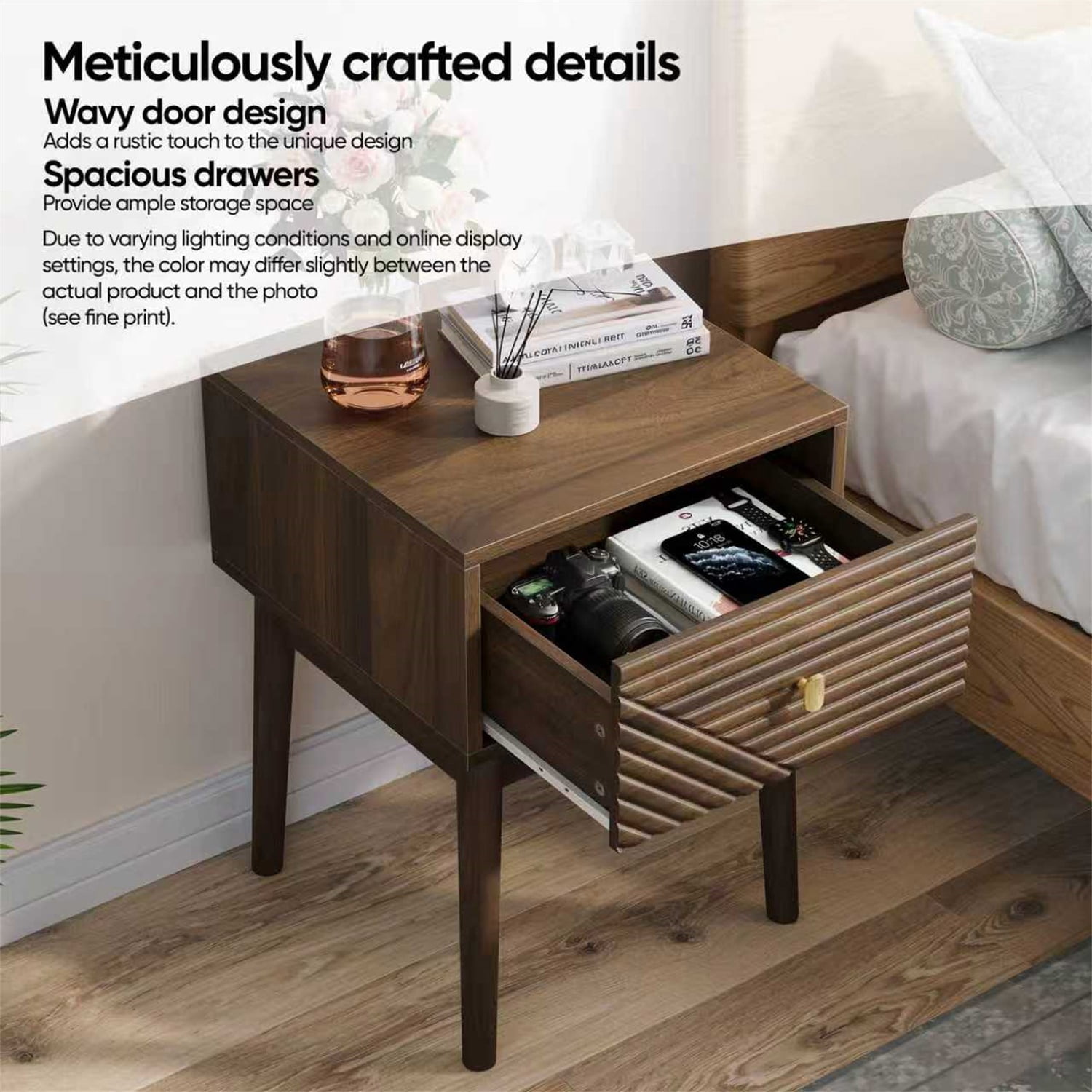 Hommoo Modern Bedside Table Set with Metal Handles, Wooden Nightstand End Table for Living Room, Bedroom, Walnut