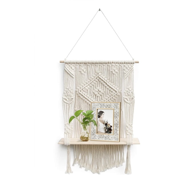 Estante para colgar en la pared, estante flotante bohemio, decoración bohemia artesanal, lindo estante de cuerda de algodón de 1 nivel para la ventana del dormitorio del baño Xemadio WMZL-2104