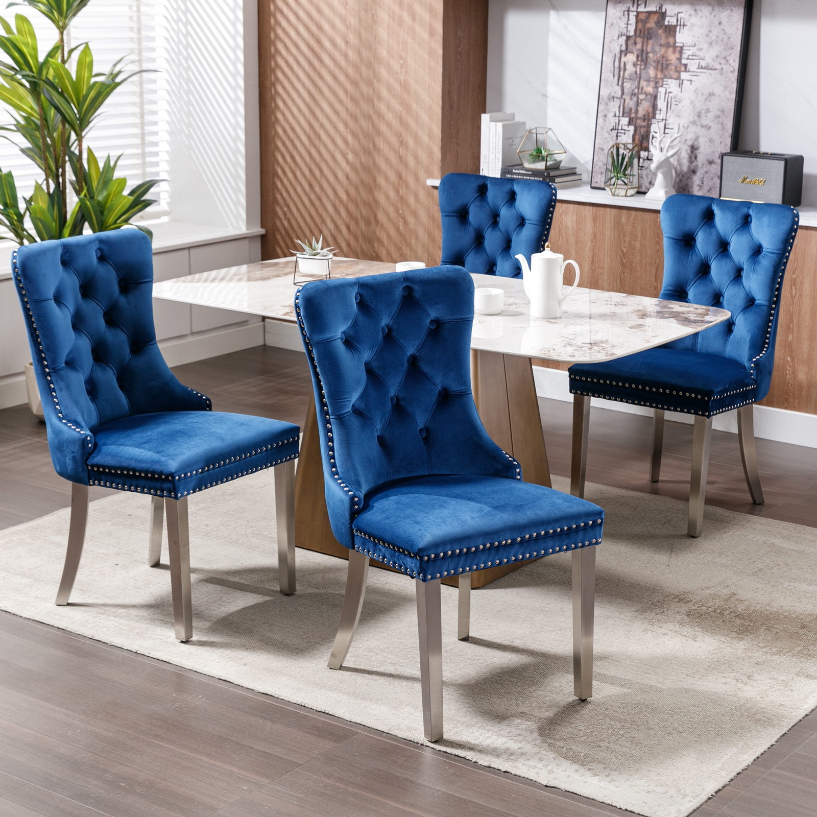 LegaHome Dining Chairs Set of 2, Modern Upholstered Velvet Dining Room Chairs with Nailhead Trim and Chrome Stainless Steel Plating Solid Wood Legs, Tufted Button Padded Chairs Set for Kitchen, Blue