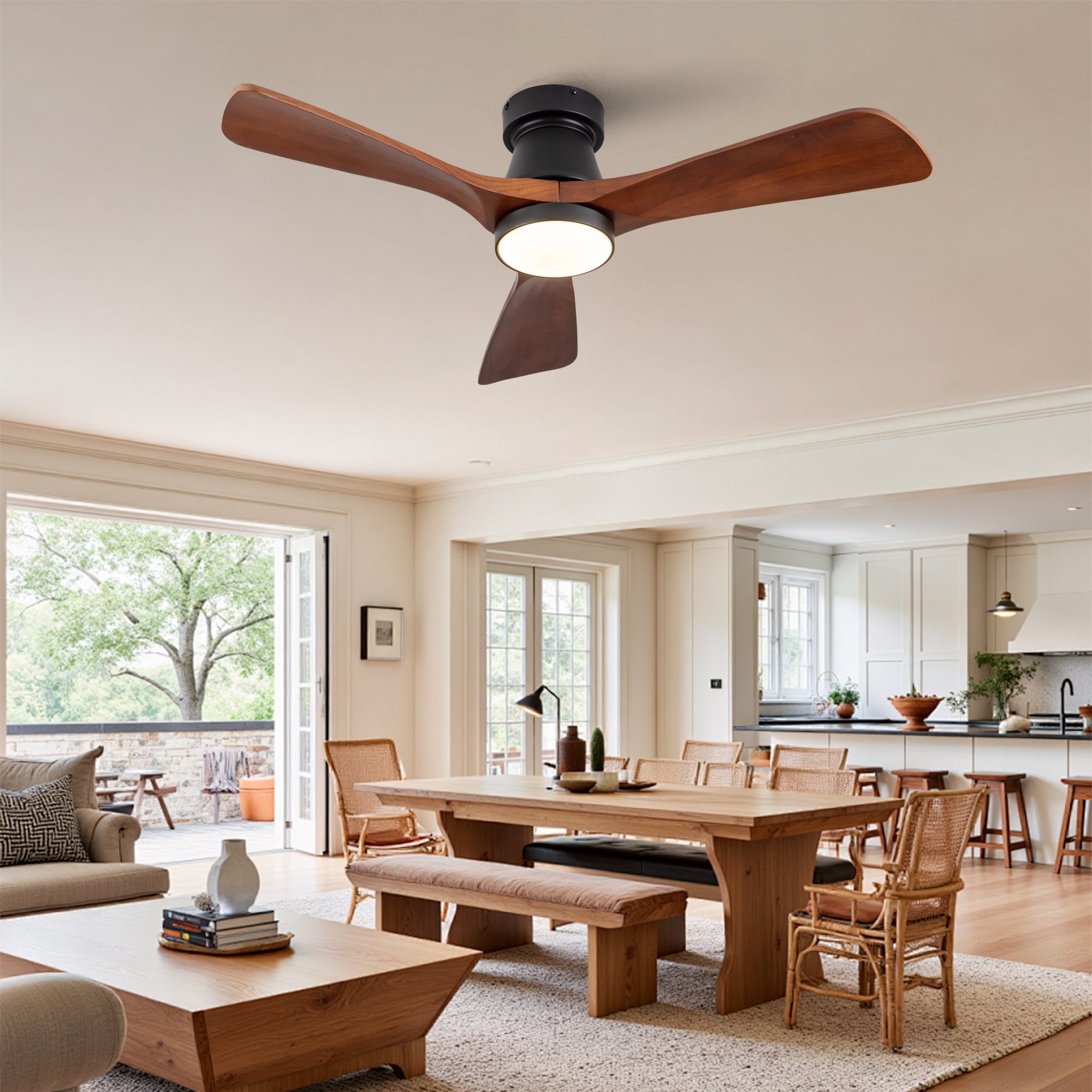 Ceiling Fan with Lights, 42 Inch Dimmable LED Reversible DC Motor Flush Mount Fan for Indoor Outdoor Bedroom, Black Dark Walnut
