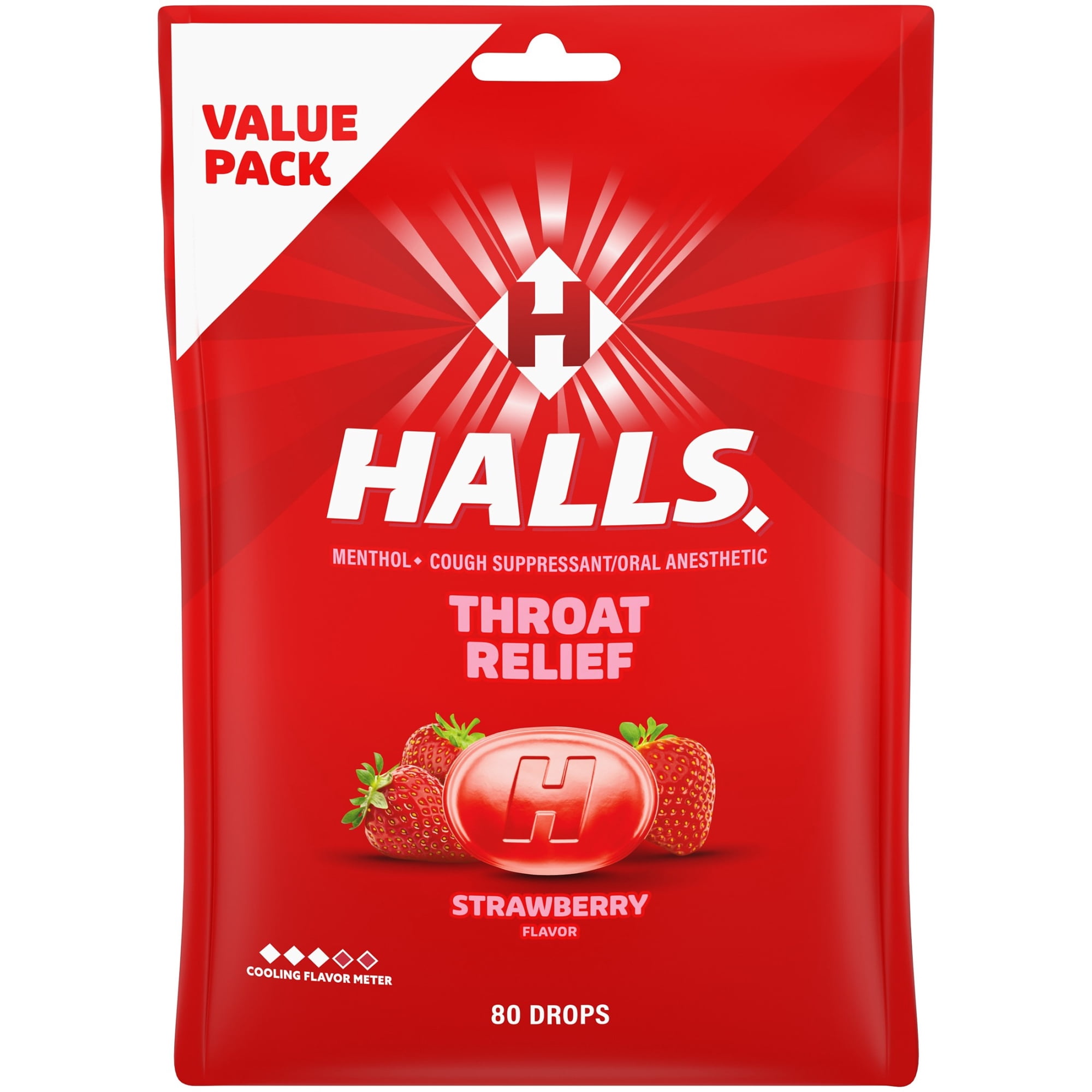 HALLS Throat Relief Strawberry Cough Drops, FSA/HSA Eligible, Value Pack, 80 Drops