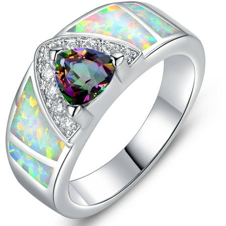 White Fire Opal Wide Band - White Lab Created Fire Opal 18kt White Gold-Plated Ring