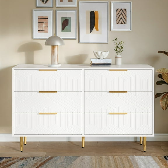 POLIHOME 6 Drawer Dresser, 47" Wide Modern White and Golden Dresser
