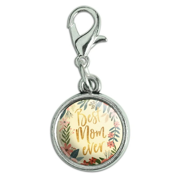 Best Mom Ever Pretty Flowers Mother's Day Antiqued Bracelet Pendant Zipper Pull Charm with Lobster Clasp