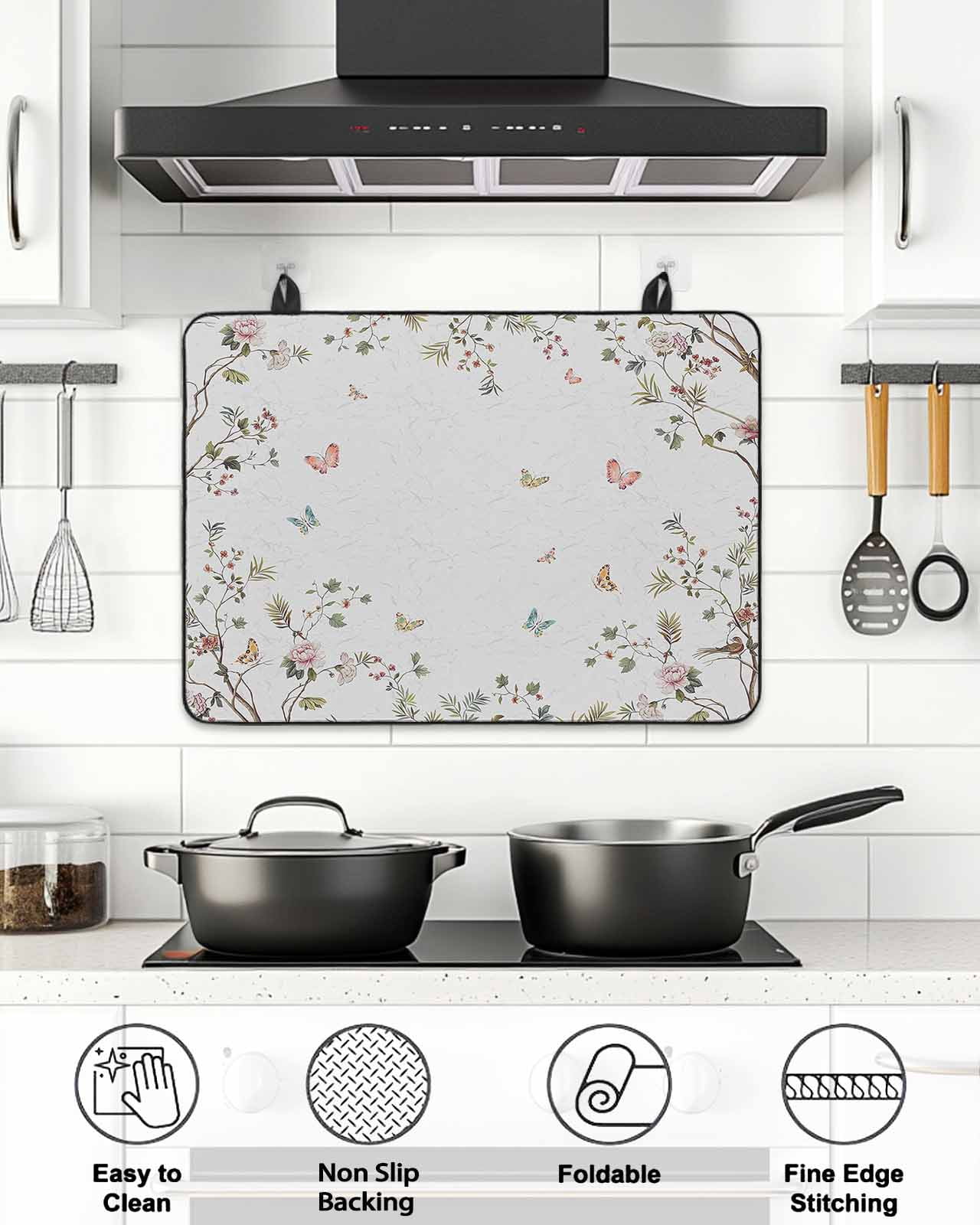 Stove Top Covers for Electric Stove, Vintage Botanical Glass Stovetop Cover Protector, Spring Floral Botterfly Summer Flower Induction Cooktop Protector Oven Mat for Kitchen Countertop 24"x21"