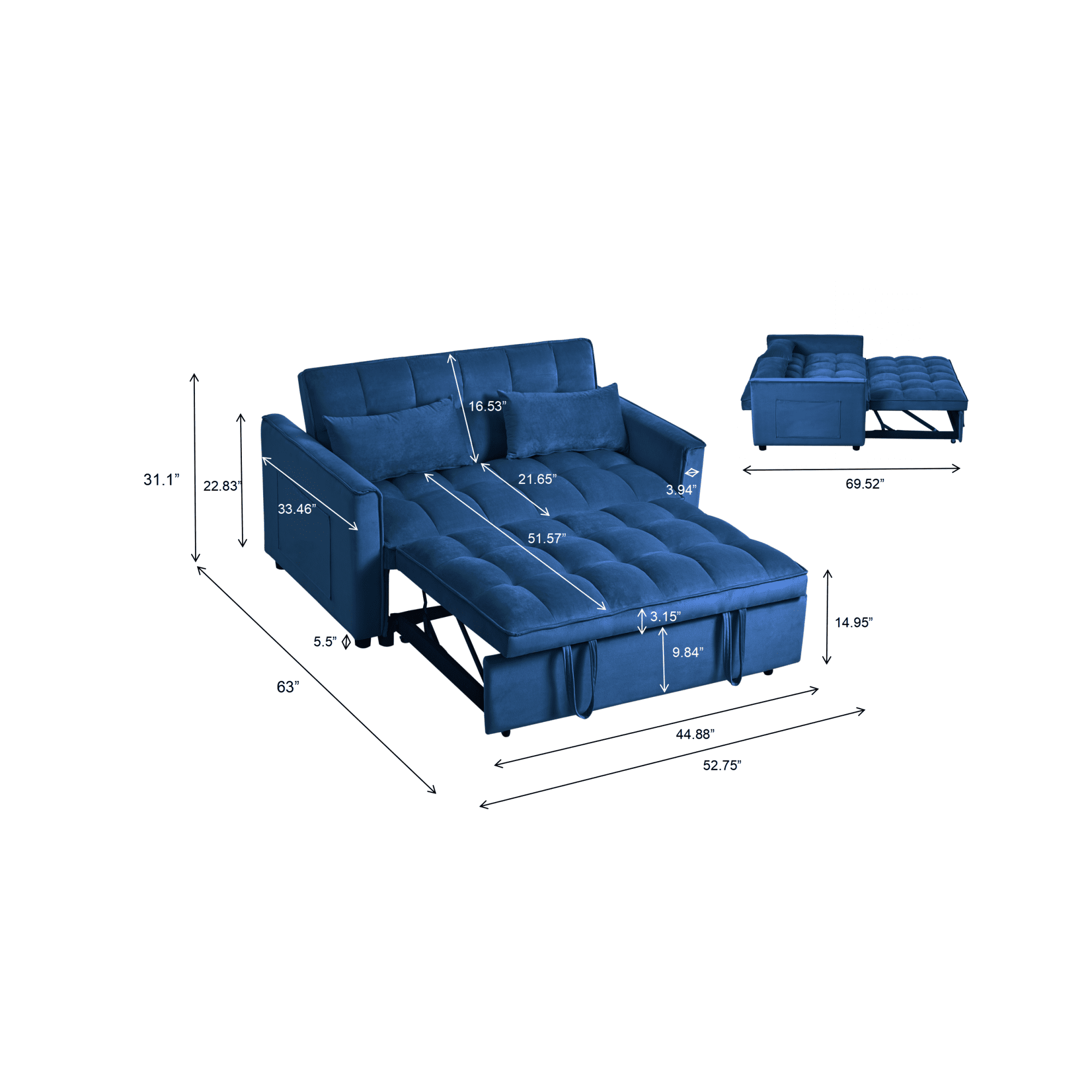 Convertible Sofa Bed,3-in-1 Sleeper Sofa with Pull Out Bed,Sleeper Futon Couch Loveseat with Adjsutable Backrest and Pillows for Living Room,Blue