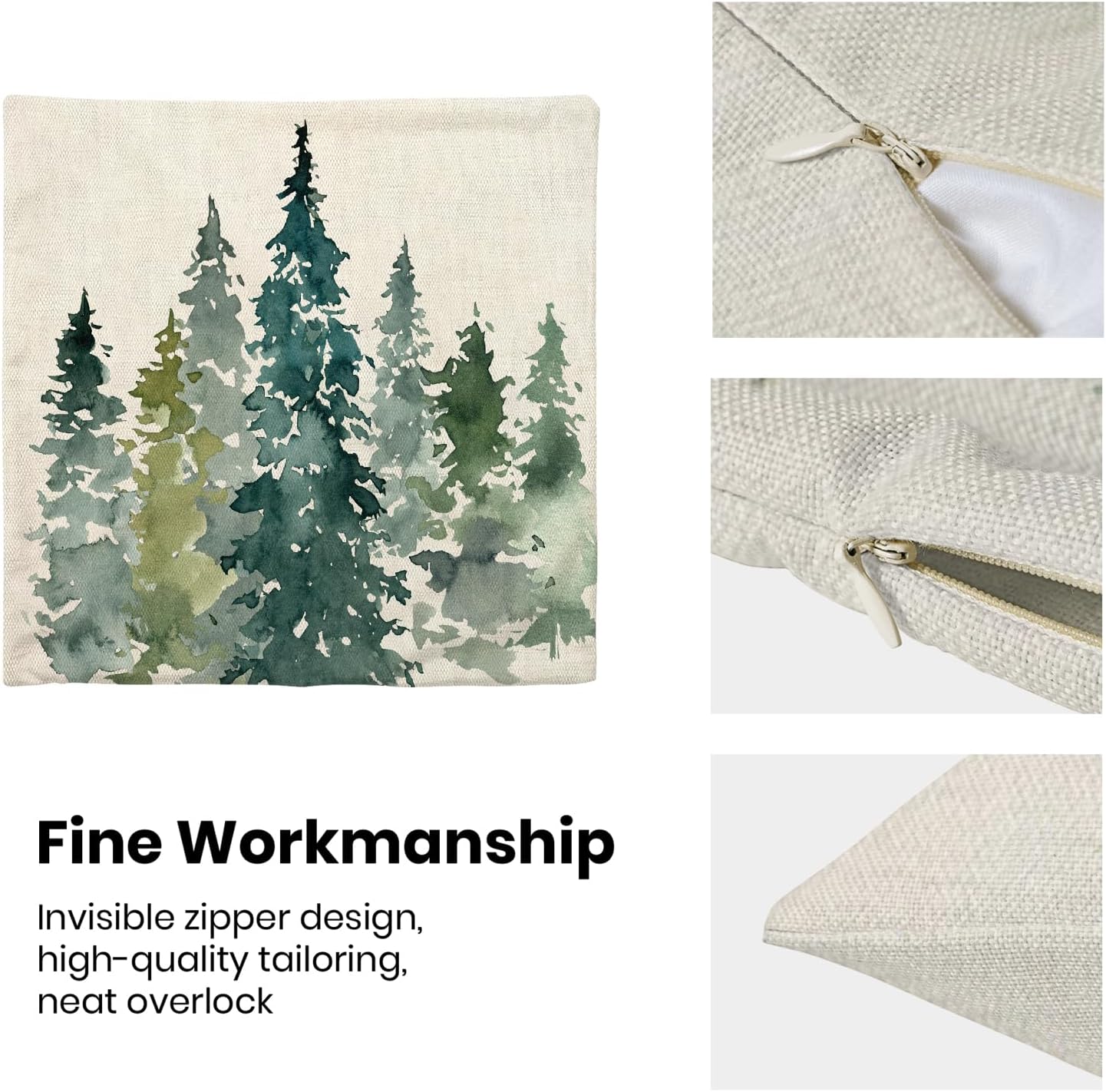 Christmas Pillow Covers 18x18 Set of 2, Green Watercolor Tree Christmas Decor Throw Pillow Covers Linen Farmhouse Winter Nature Themed Rustic Forest Cushion Case for Couch Sofa Home Outdoor