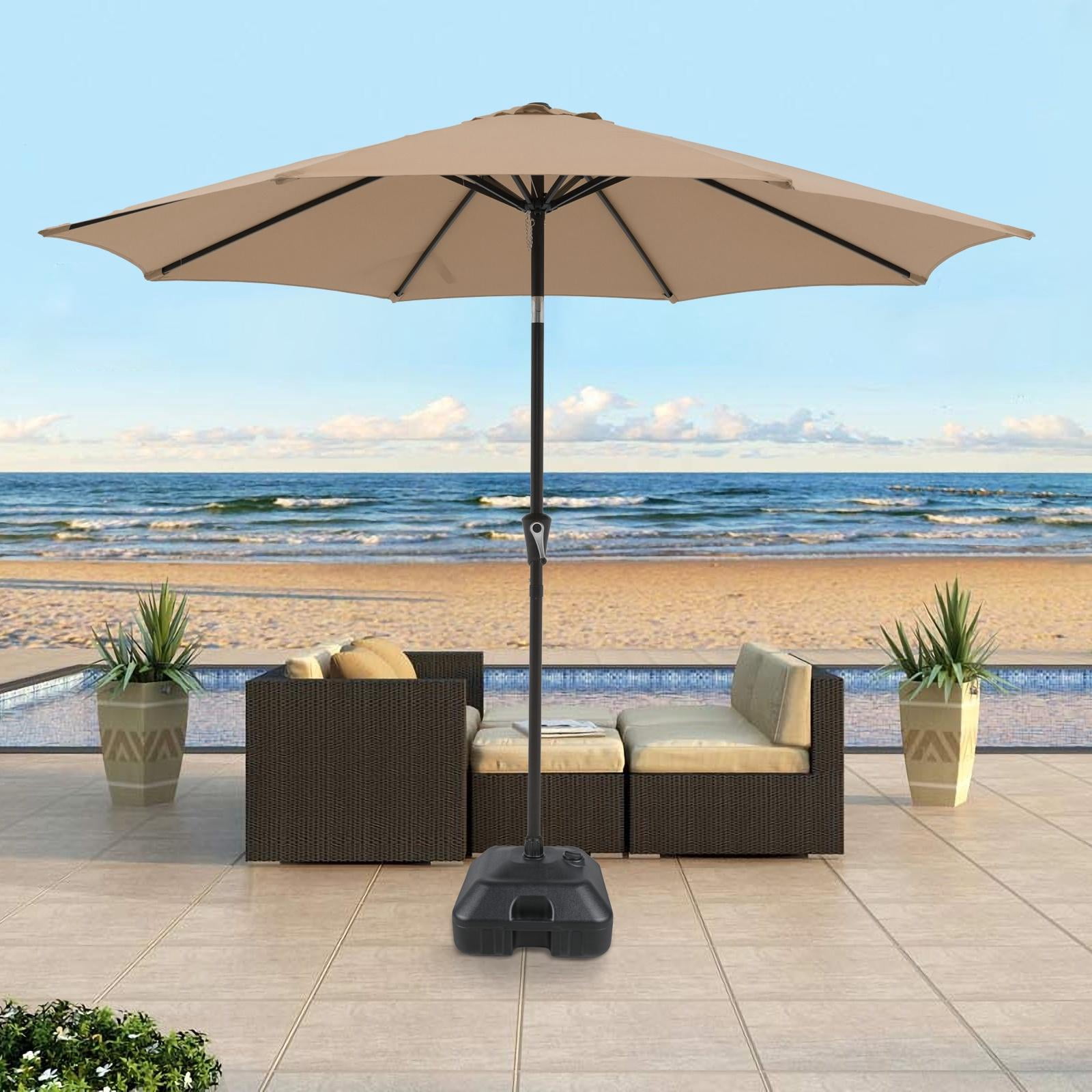 Patio Umbrella with Patio Market Umbrella Base, 9-Feet Outdoor Table Market Umbrella with 26.5lb Heavy Duty Resin Square Outdoor Stand, Push Button Tilt/Crank, 8 Ribs, Beige