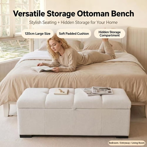 Upholstered Rectangular Storage Ottoman Bench, End of Bed Bench with Hidden Storage, Multi-Use Footrest & Shoe Stool for Bedroom, Living Room, Entryway, Beige