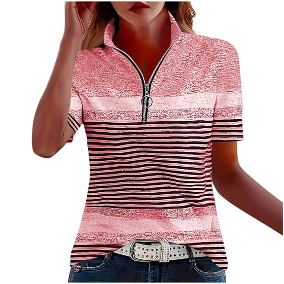 KIHOUT Women's Striped Color Block Quarter-Zip Polo Shirt, Short Sleeve Stand Collar Casual and Golf Top with Relaxed Fit