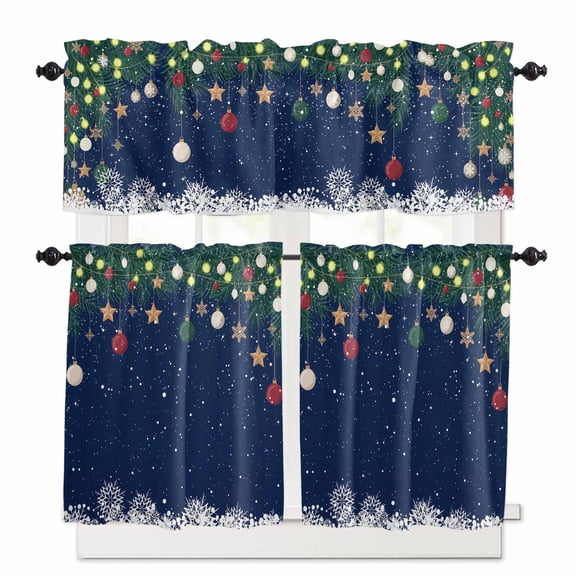 Blue Christmas Curtain Valances Set Watercolor City Snow Scene Xmas Tree Kitchen Curtains 36 inch Length Rod Pocket Valance and Tiers 3 Piece Set Small Bedroom Bathroom Laundry Decor