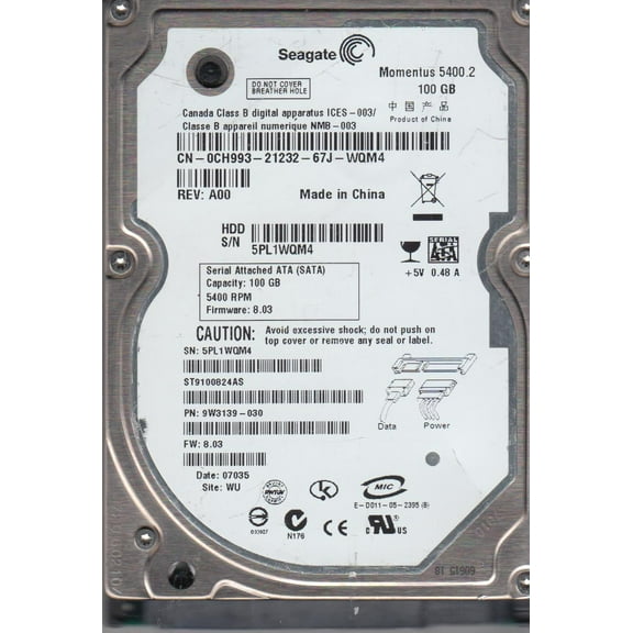 ST9100824AS, 5PL, WU, PN 9W3139-030, FW 8.03, Seagate 100GB SATA 2.5 Hard Drive