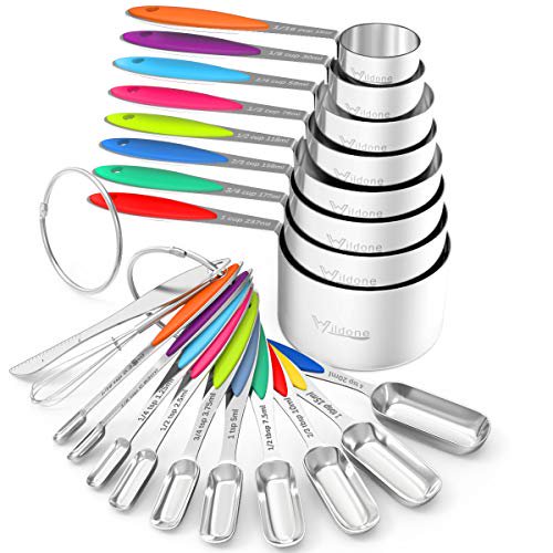 Tasses et Cuillères à Mesurer - Ensemble Empilable de 20 Pcs en Acier Inoxydable Wildone, Comprend 8 Tasses à Mesurer, 10 Cuillères à Mesurer, 1 Niveleur et 1 Fouet, pour Ingrédients Secs et Liquides