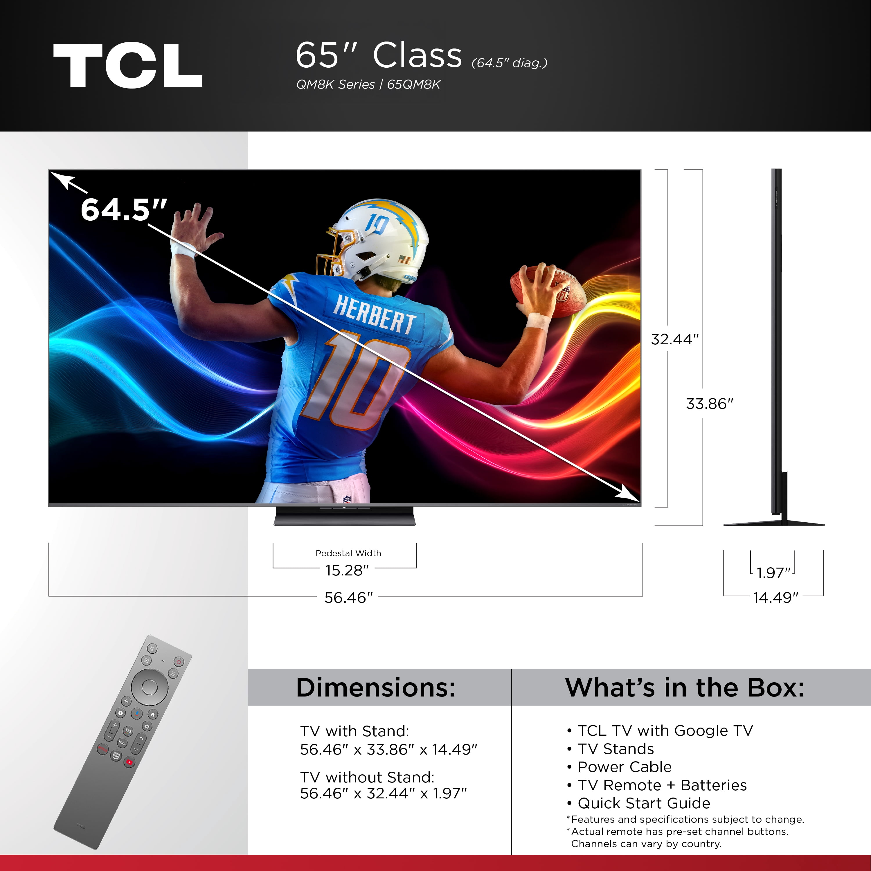 TCL 65" Class QM8K Series QD-Mini LED QLED 4K UHD Smart Google TV (NEW, 2025) - 144Hz, Local Dimming, CrystGlow WHVA Panel - 65QM8K