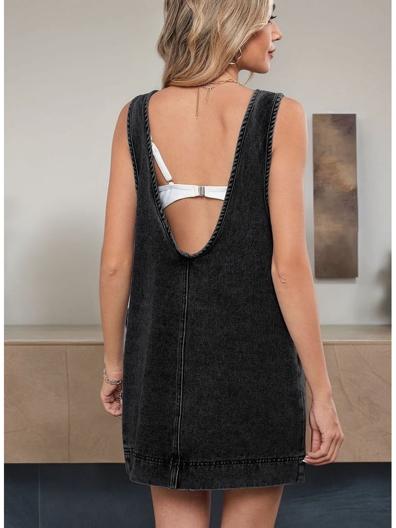 black and grey jumper dress Women's Sleeveless Denim Jumper Dress, A-Line Mini Pinafore with Pockets,  Casual Summer Crewneck Dress Black Grey L