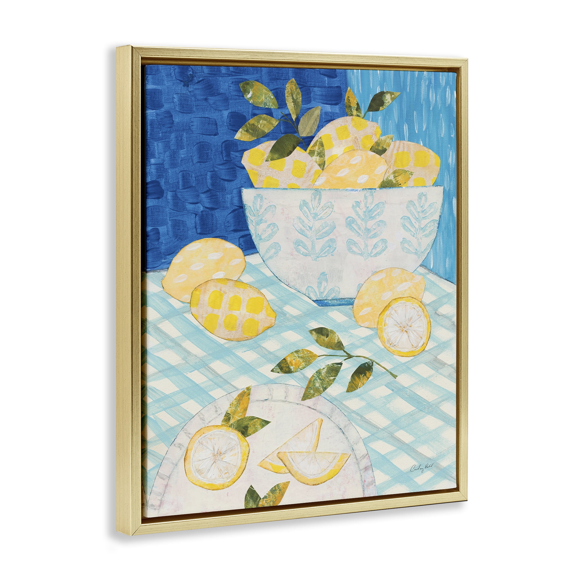 Stupell Industries Patterned Lemons Tablescape Food & Beverage Painting Gold Floater Framed Canvas Art Print Wall Art, 17 x 21