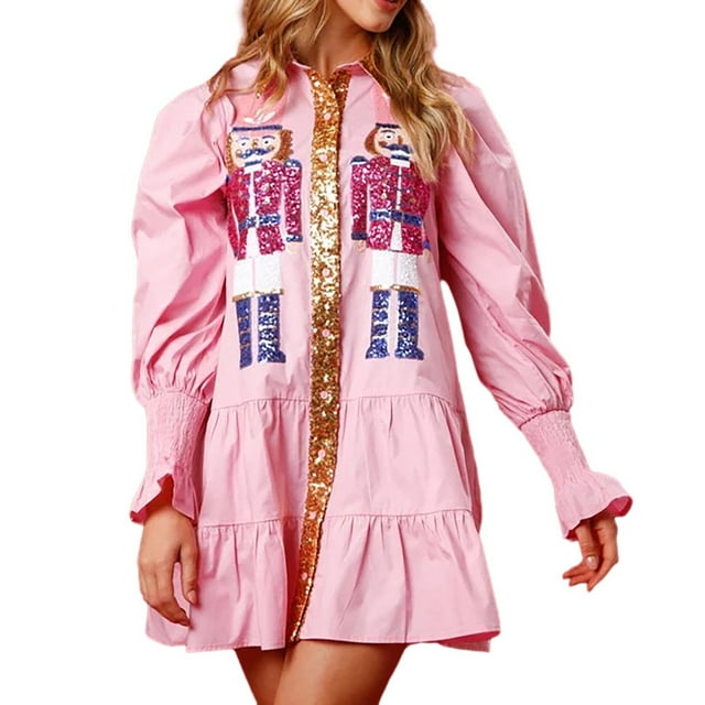 Robes de Fête de Noël pour Femmes Ensemble de Noël à Sequins Robe à Paillettes Superposée Chandail en Molleton de Noël Robe Chemise Mini Heureuse (Taille : TG)