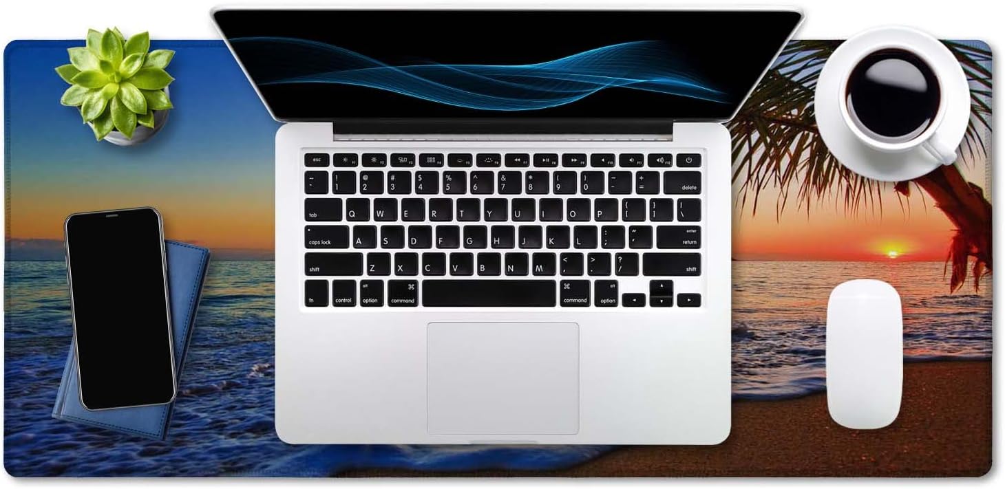 Extended Gaming Mouse Pad - Non-Slip Water-Resistant Rubber Base Computer Keyboard Mouse Mat, 35.4 x 15.7-inch XX-Large Desk Mat, Ideal Partner for Work & Game, Pacific Sunrise at Lanikai Beach