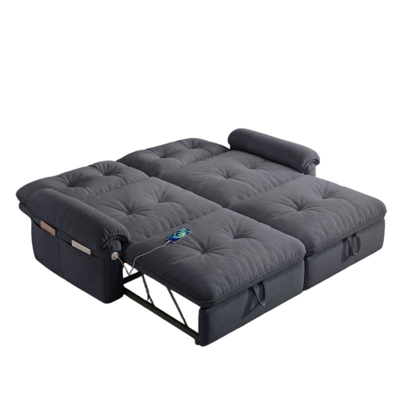 77.2" Convertible Sofa Bed, 2-in-1 Full Size Sleeper Sofa, Plush Upholstered Loveseat with USB Charging Ports & Side Pockets, Steel Frame Pull-Out Couch for Living Room, Bedroom, Apartment