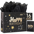 thumbnail image 4 of 16" Black Happy Birthday Gift Bag with Tissue Paper and Greeting Card for Party,Happy Birthday Gift Bag for Men Women,Gift Bags Extra Large(1 PCS Black Hot Stamping), 4 of 4
