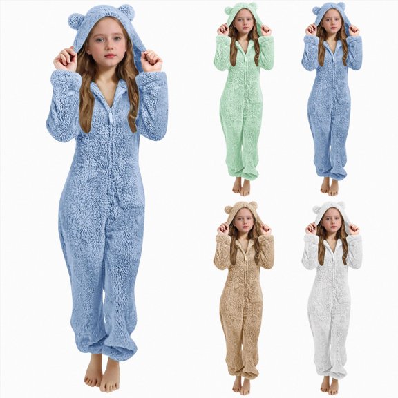 Nwiuh Fleece Girls Jumpsuit with Cute Ears Onesie Zip Up Hooded | Romper Warm Sherpa Lined Soft Romper Outfits (Khaki, 5-6 Years)