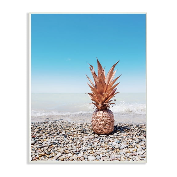 Stupell Industries Rose Gold Metallic Pineapple On Beach with Blue Sky Landscape Photography Unframed Art Print Wall Art, 13 x 19