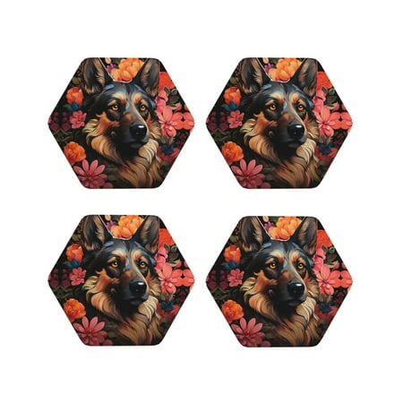 

Drink Coasters Set of 4 Colorful Flower German Shepherd Leather Coasters for Coffee Table Protector Heat Resistant Cute Coasters for Home Decor Housewarming Gifts Bar Kitchen 4 Inch Hexagon