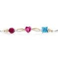 thumbnail image 2 of 925 Silver and 10K Yellow Gold Red Created Ruby Pink Created Sapphire Swiss Blue Topaz and Lab Grown Diamond Tennis Bracelet for Women By Keren Hanan (2.20 cttw, Adjustable up To 9 inch), 2 of 4