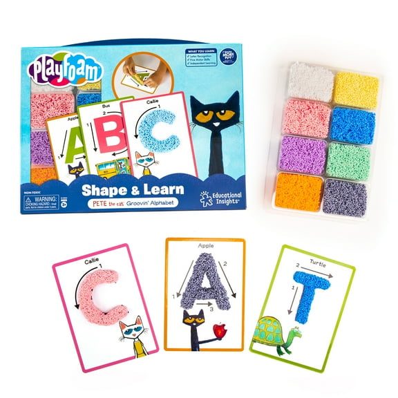 Educational Insights Pete the Cat Playfoam Shape & Learn Pete the Cat Groovin' Alphabet Set with 8 Playfoam Bricks, 13 Double-Sided Cards, Gift for Kids Ages 3 