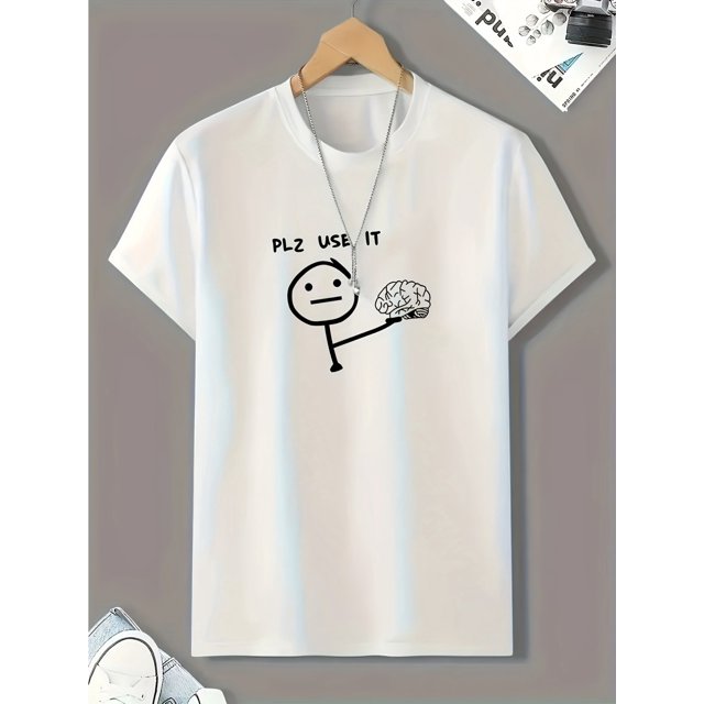 Men'S Casual "PLZ USE IT" Graphic Tee - Lightweight, Short Sleeve, Round Neck, All-Season Top with Playful Brain Design, Everyday Tshirt | Humorous Tshirt | Comfortable Fit, PLUS SIZE