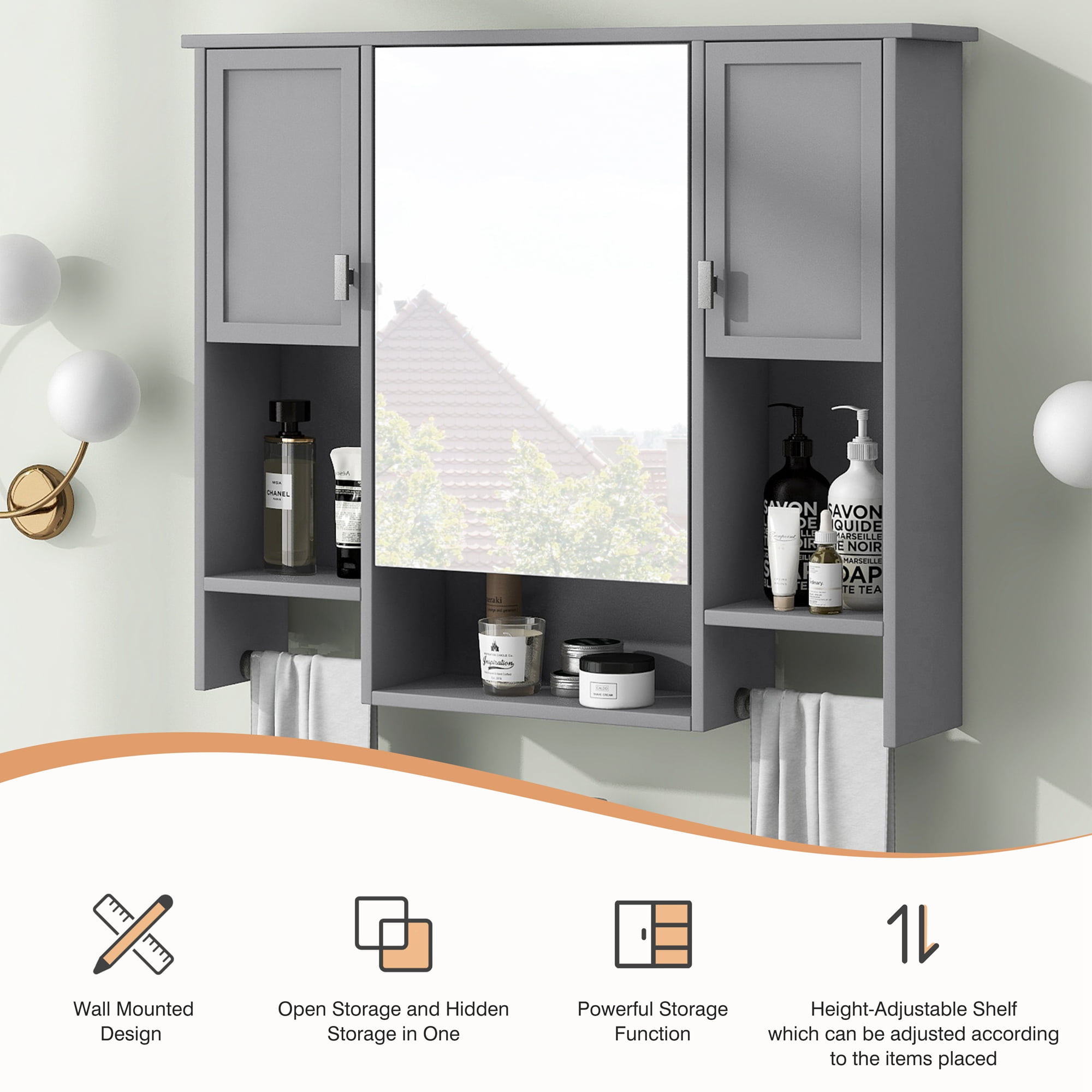 Euroco Wall Mounted Bathroom Mirror Cabinet with Triple Doors – Concealed Storage, Modern Design, Durable Construction, Easy Assembly