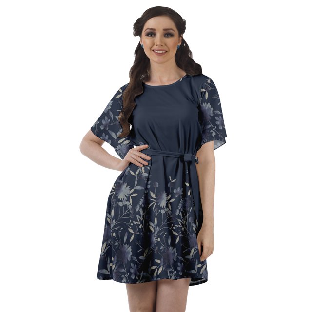 Moomaya Robes Georgette Imprimées Mousse Femmes Tunique Ligne A avec Ceinture à Cordon