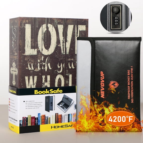 LOVE Dictionary Diversion Book Safe With Combination Lock and 4200F Fireproof Cash Bag - Hidden Money Box