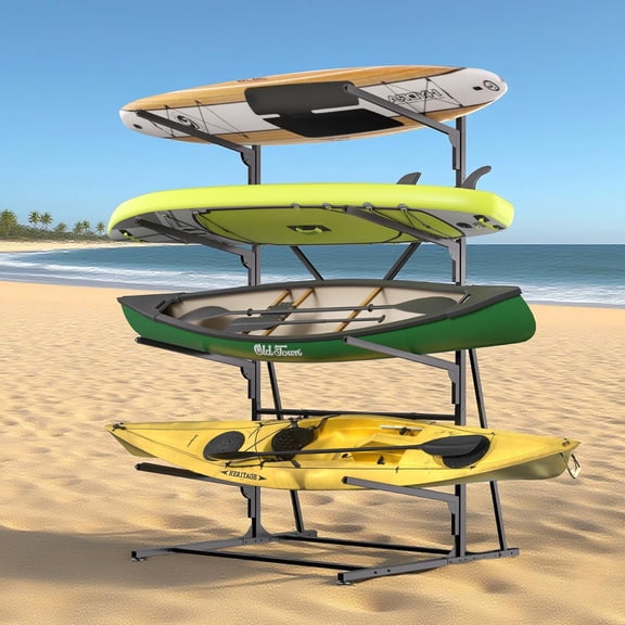 Heavy-Duty 4-Tier Freestanding Kayak Storage Rack – Adjustable Metal Stand with Paddle Hooks for Kayaks, Canoes, SUPs & Surfboards – Ideal for Garage, Dock, Beach – Black, Four-Layer Rack