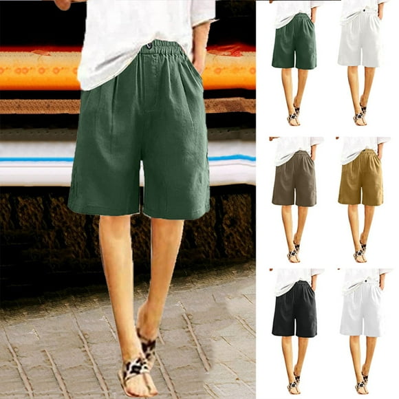 Brqkzdu Cotton Linen Shorts for Women Bermuda Button Elastic Waist Lounge Shorts Loose Knee Length Shorts Casual Beach Shorts