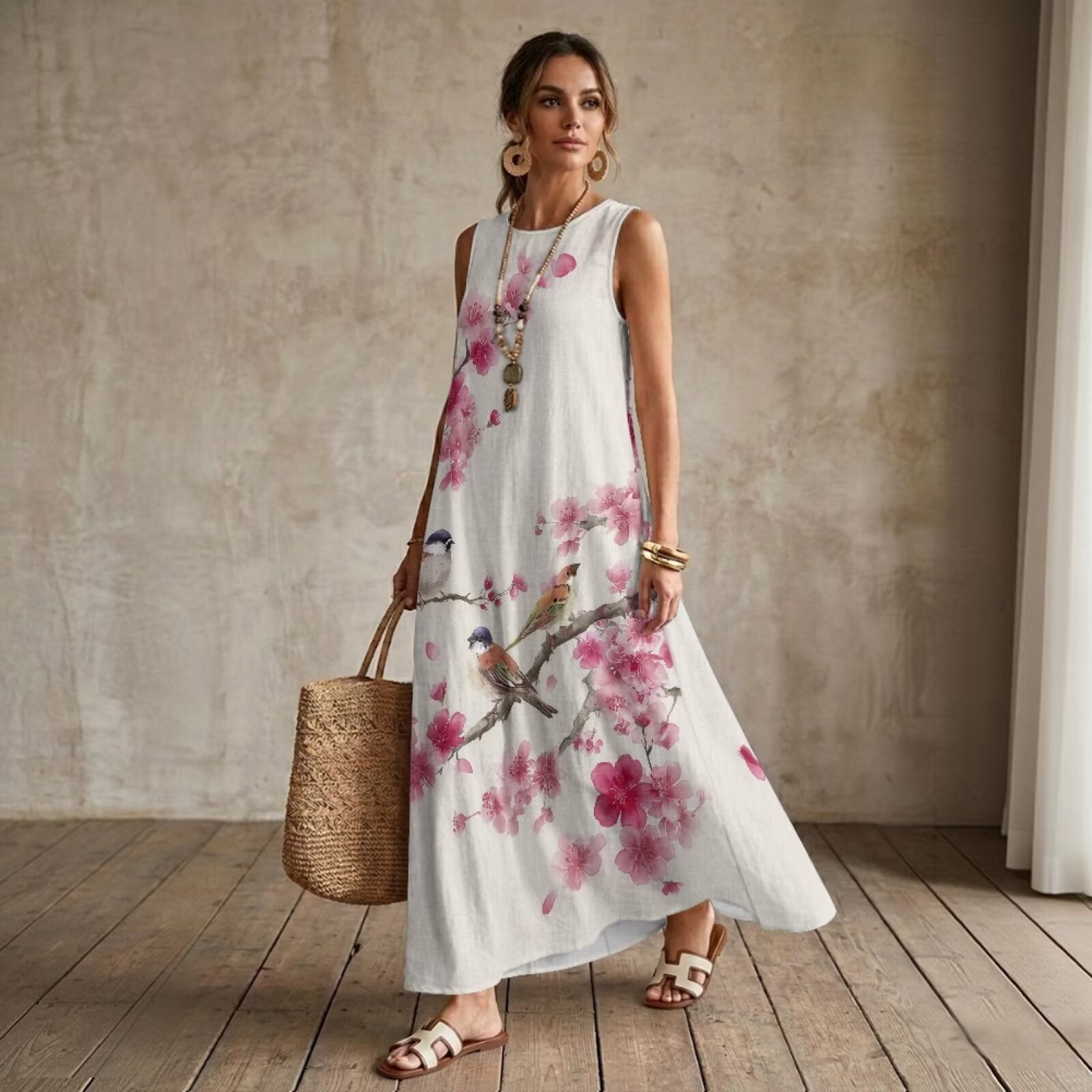 Kirablend Hana Botanical Print Sleeveless Maxi Dress with Pockets