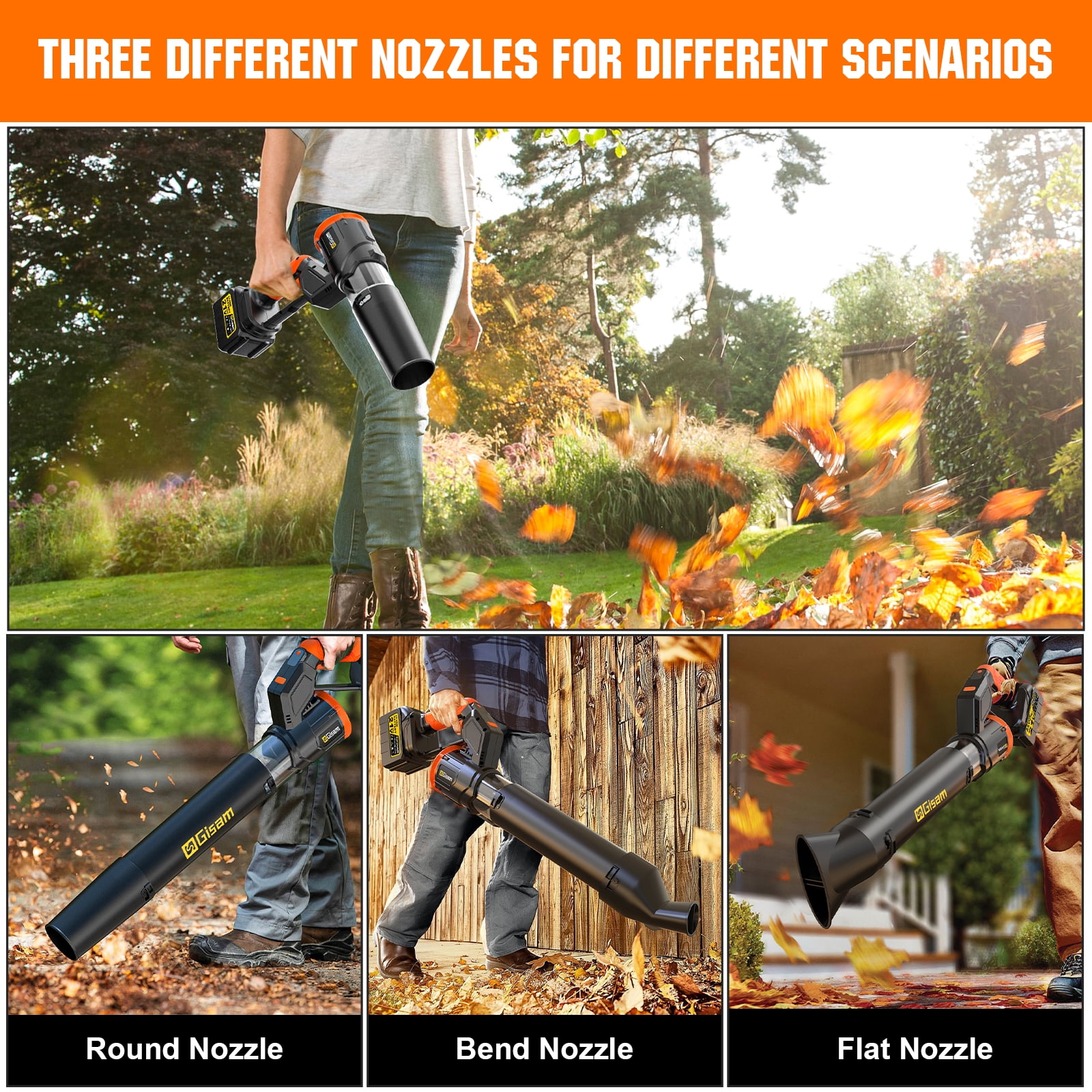 Gisam Rotatable Electric Brushless Cordless Leaf Blower 800000RPM 320CFM Handheld Leaf Blower with 2 X 6.0Ah Batteries for Patio Cleaning, Lawn Care, Blowing Leaves and Dust