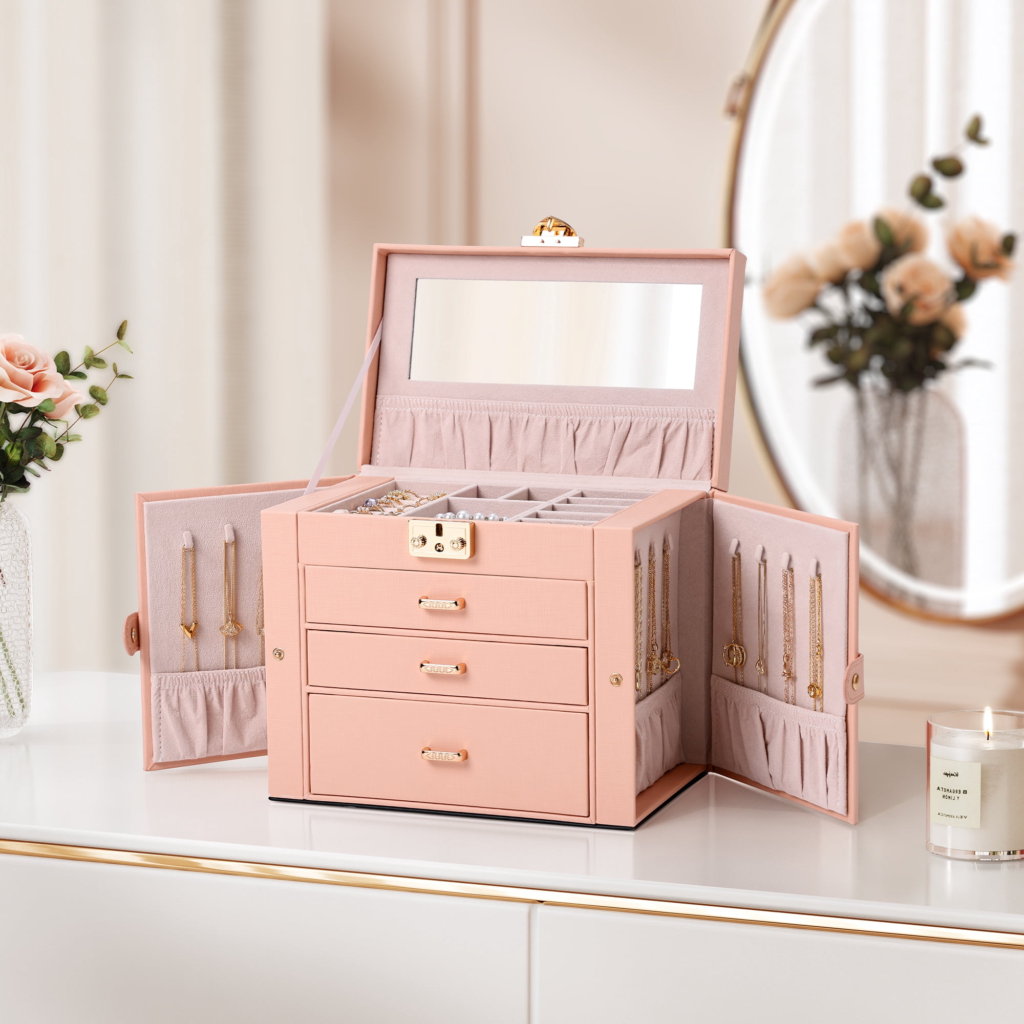 Casegrace 4-Tier Huge Jewelry Organizer with Small Jewelry Case, Built-in Large Mirror Case, 2 Side-door Necklace Display Holder, 3 Drawers Storage Jewelry Box for Earrings, Rings, Bracelets, Watches