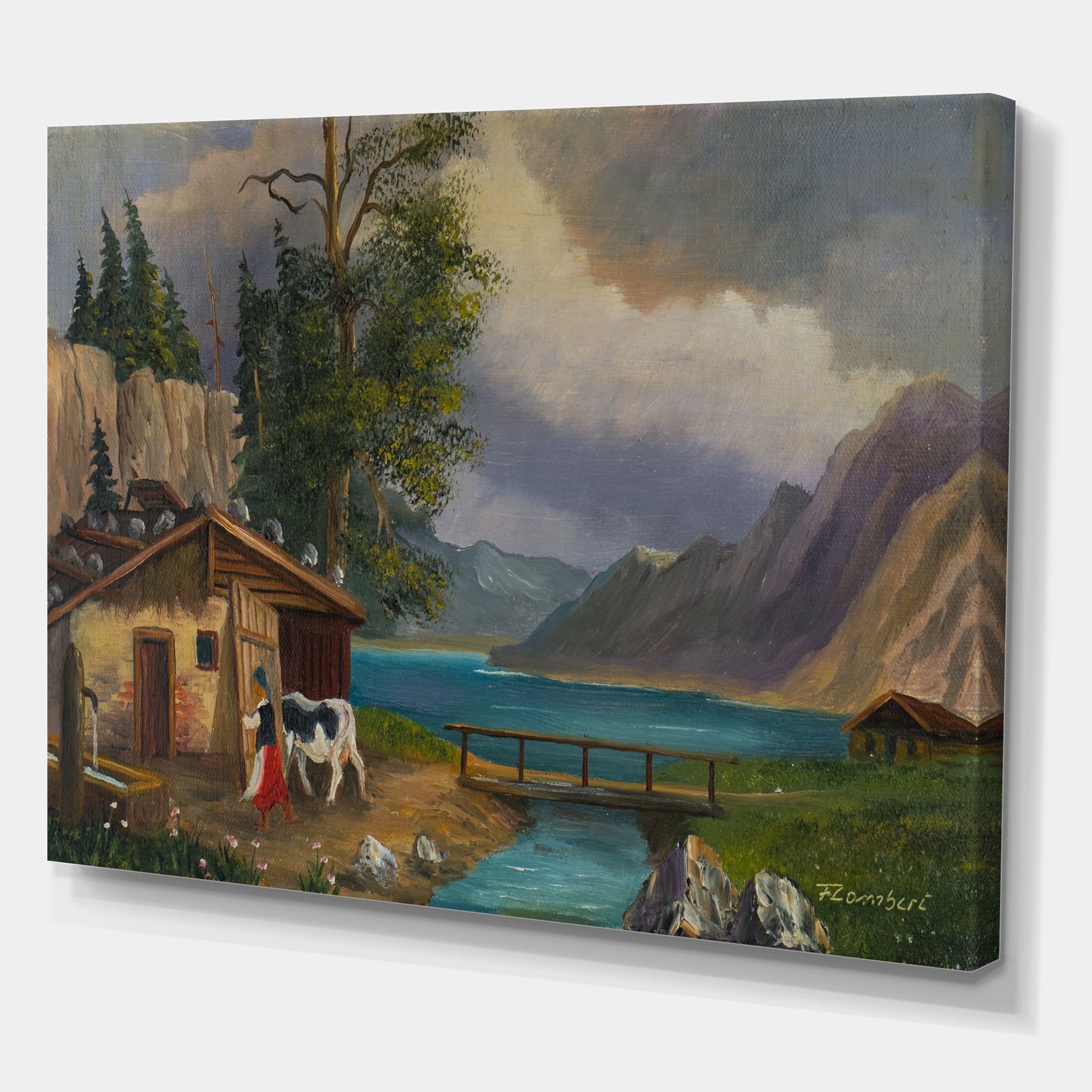 Designart ' Girl Brings The Cow Into The Stable At A Lake ' Farmhouse Canvas Wall Art Print