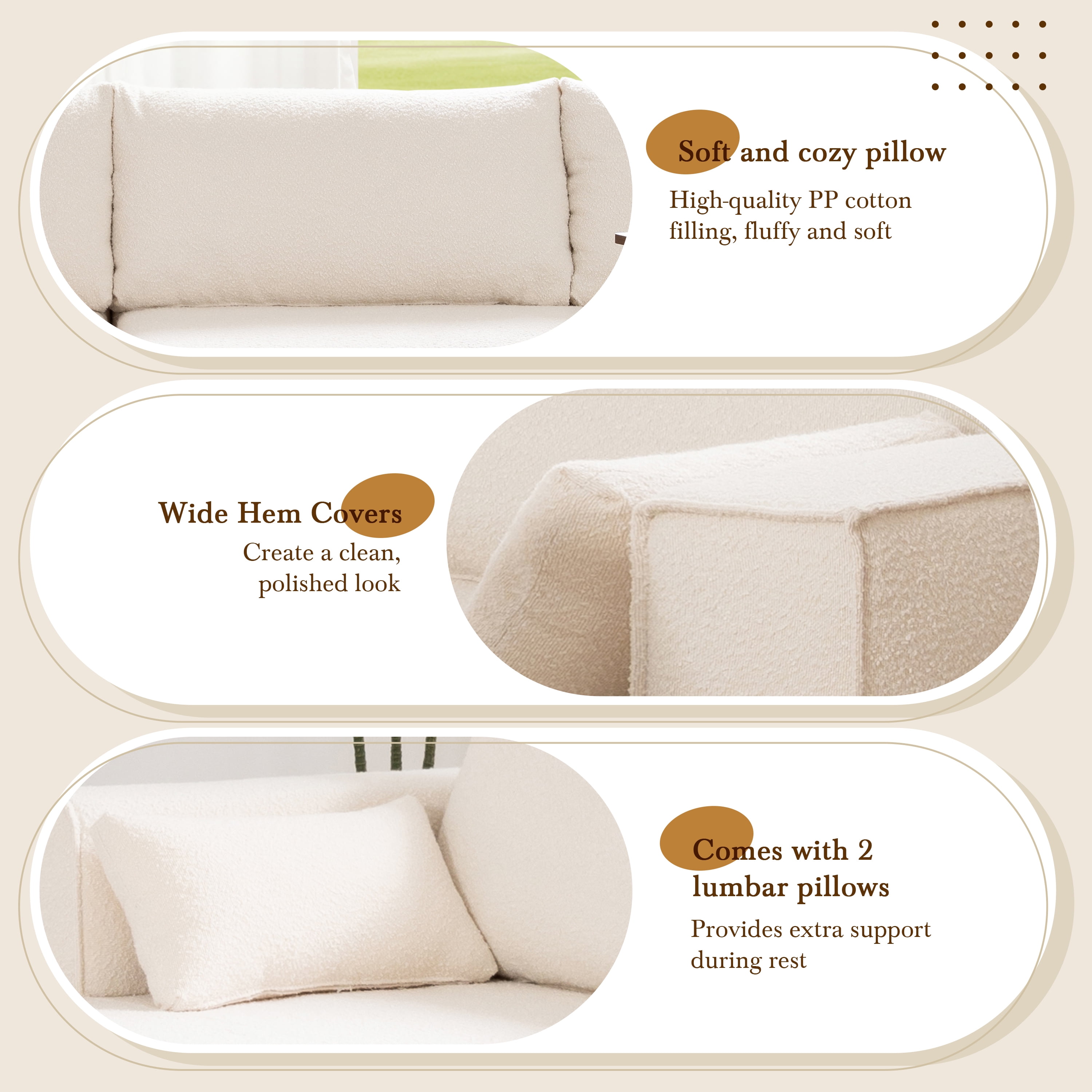 Sectional Sofa, Modular Couch, L-Shaped Fully Compressed with Free Side Table and 2 Pillows, No Assembly Required, Wrinkle-Resistant Boucle Fabric for Living Room, 112 Inch, Beige
