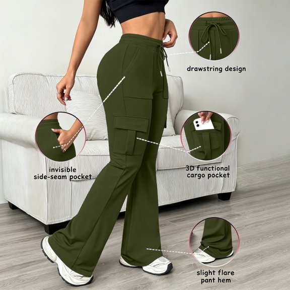 Ayolanni Solid Pants for Women Hiking Jogging Straight Leg Pants Drawstring Elastic Waist Slim Green Cargo Pants with Pockets L
