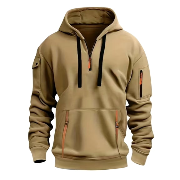 Huankd Quarter Zip Men Hoodie Long Sleeve Tactical Hoodies 1/4 Zip Pullover Work Workout Athletic Sweatshirts Khaki 2XL