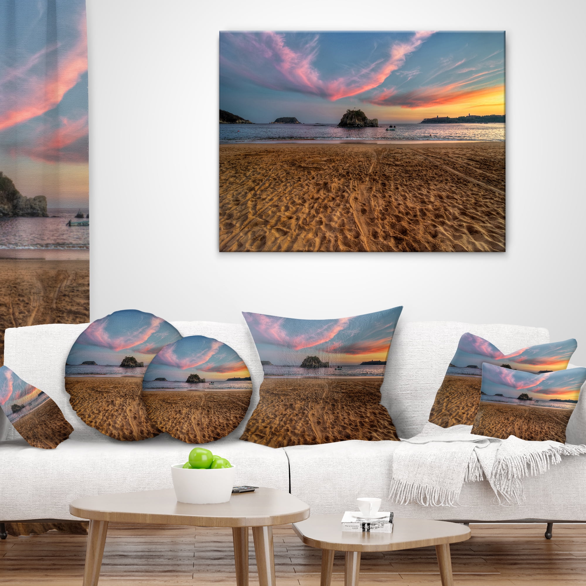 Designart Trodden Sand on Beach at Sunset - Seashore Throw Pillow - 18x18