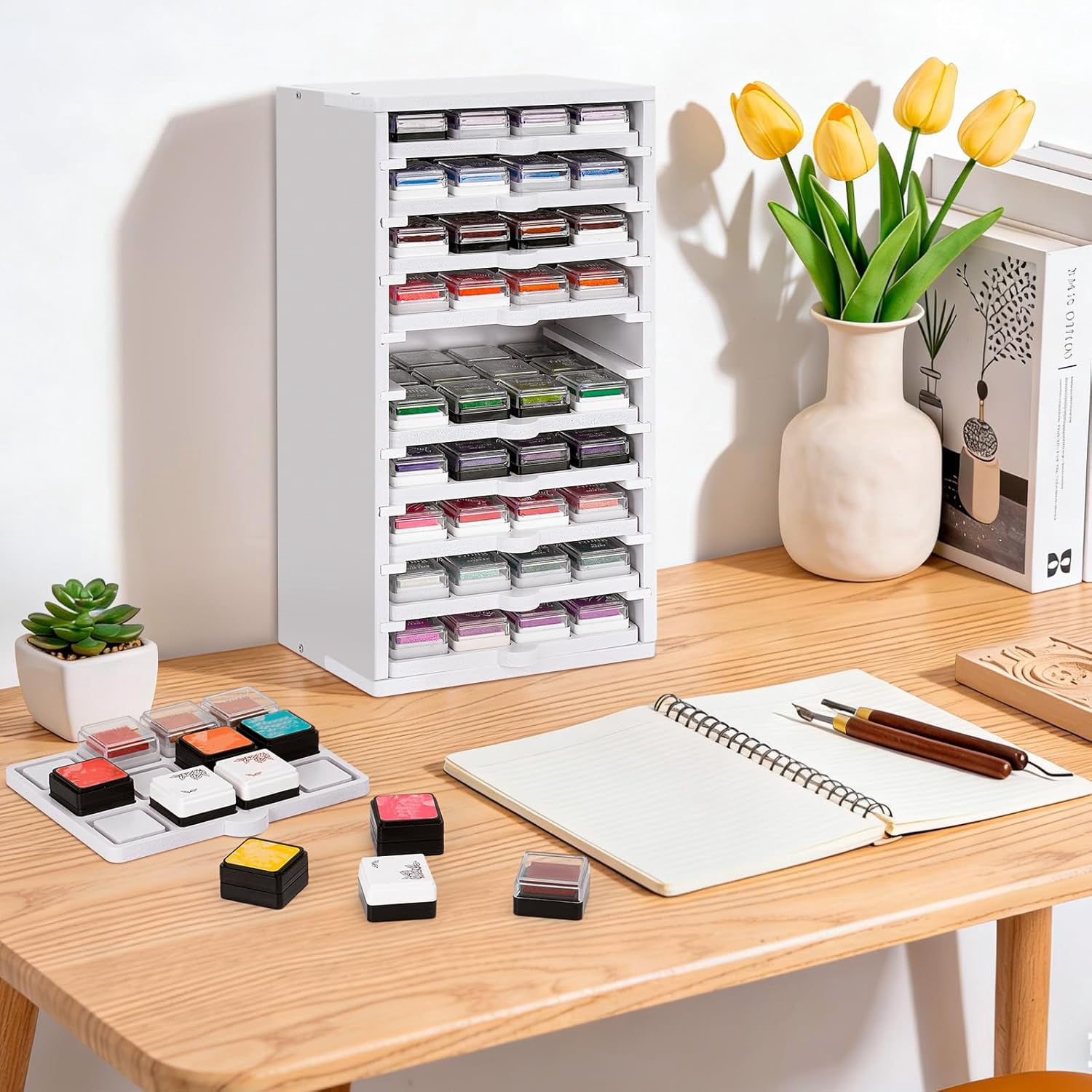 Ink Pad Trays Organizer Rack 10 Slots Ink Pad Storage Mini Size Stamp Ink Pad Storage Organizer Pad Storage Rack with 10 Tray, 1 Tray Holds 12 Inkpad, All of 10 Trays Holds 120