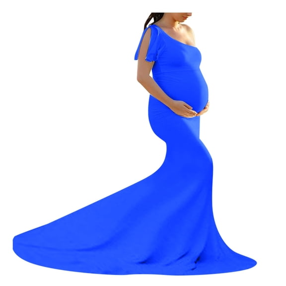 Odeerbi Maternity Dress for Photoshoot Womens Pregnants Photography Props Off Shoulder Sleeveless Solid Dress Blue