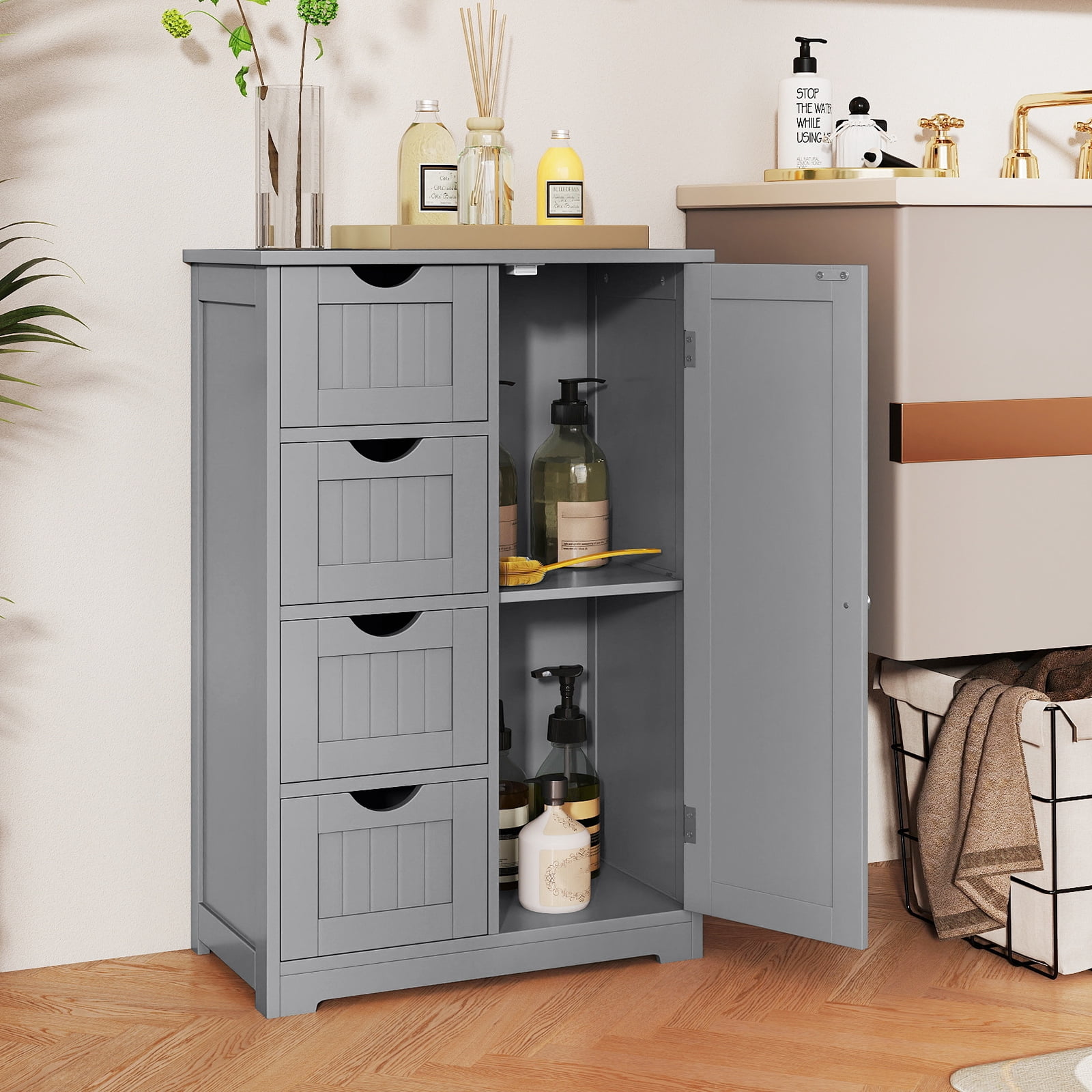 Gymax Bathroom Floor Storage Cabinet Wooden Freestanding Bathroom Storage Unit w/1 Door & 4 Drawers Grey